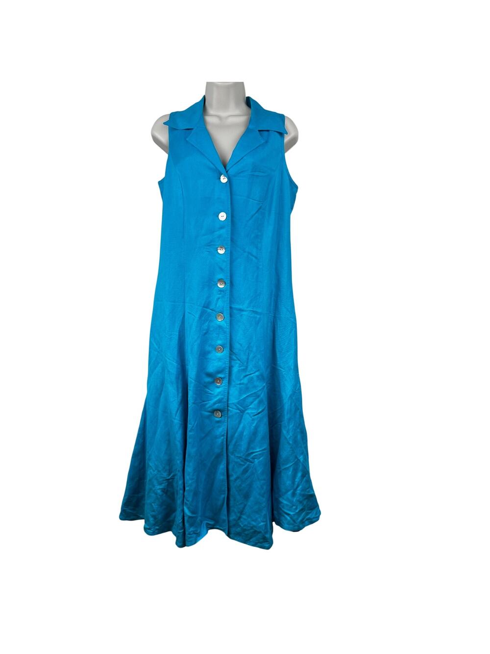 Coldwater Creek Midi Dress Linen Sleeveless Button Front Opal Buttons Blue 10P